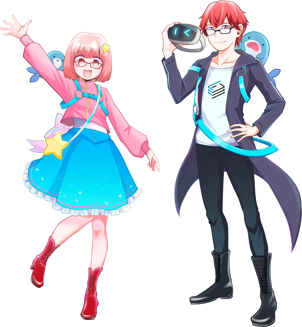FrameSynthesis image characters: Yuko waving, and Korin holding a VR headset