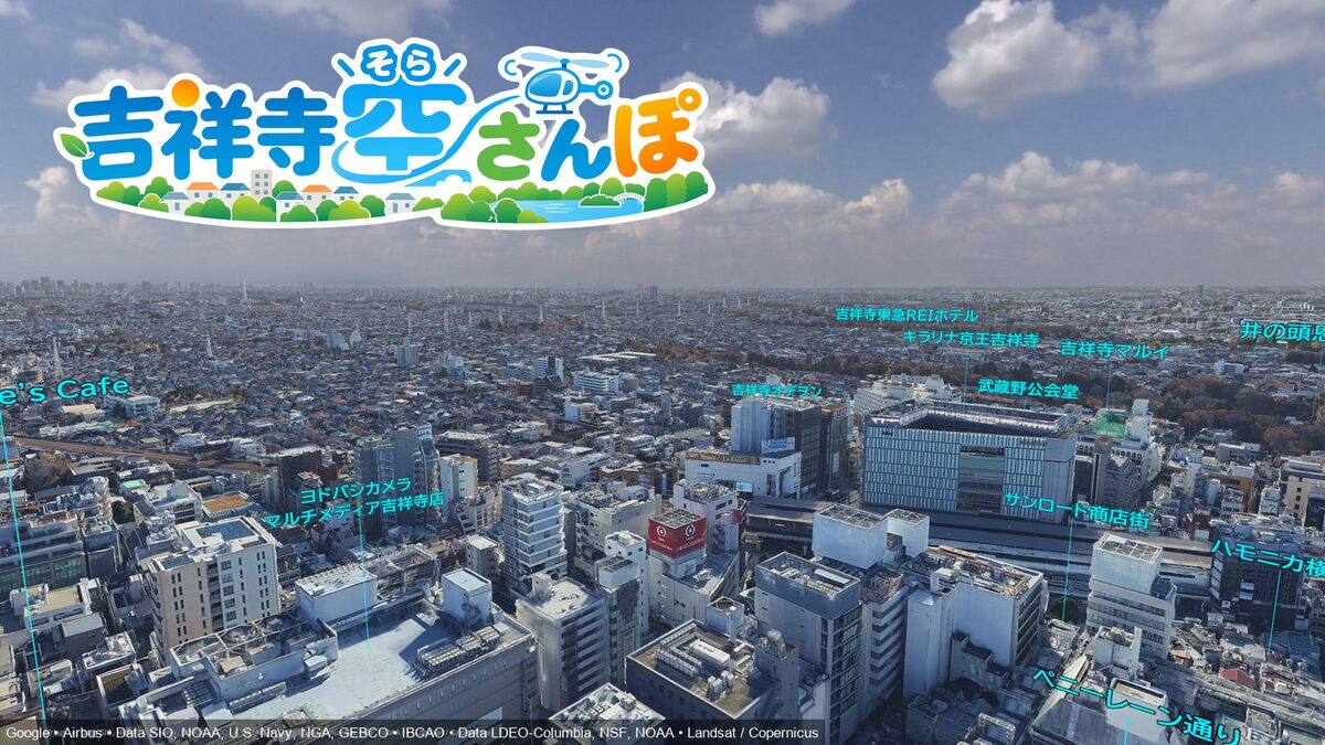 Kichijoji Sora Sanpo screen, looking down on Kichijoji from the sky
