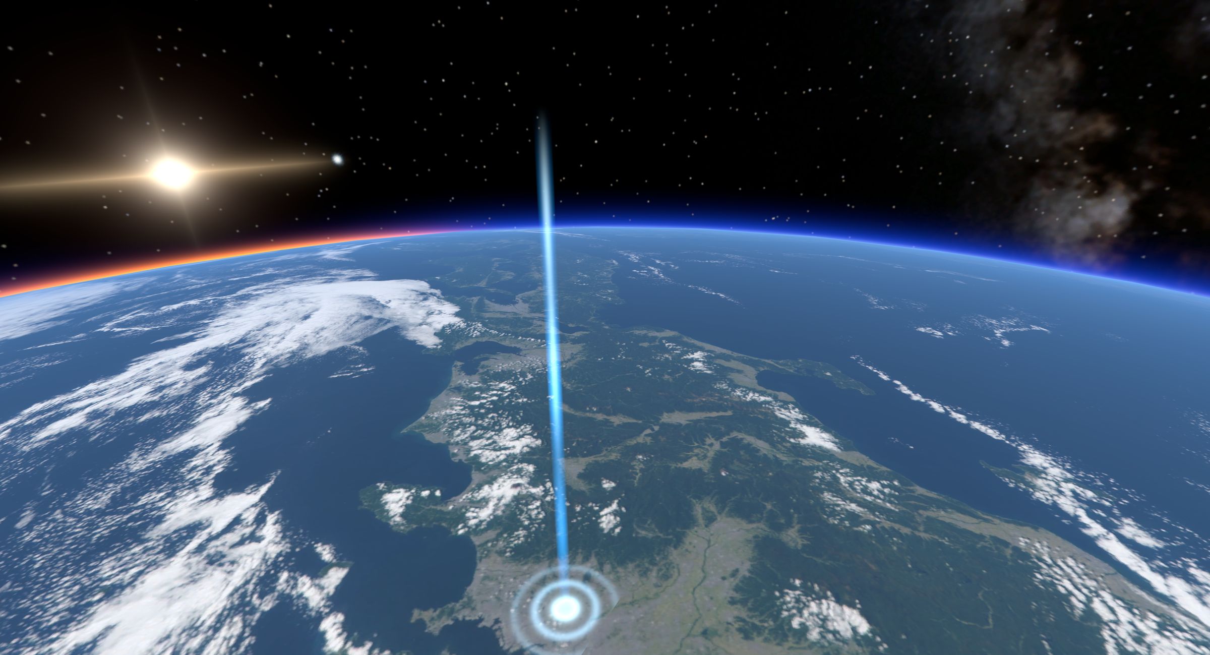 A scene from Spatial Theater Demo, made with XRSynthesis: the Japanese archipelago with a beam of light rising from Kichijoji